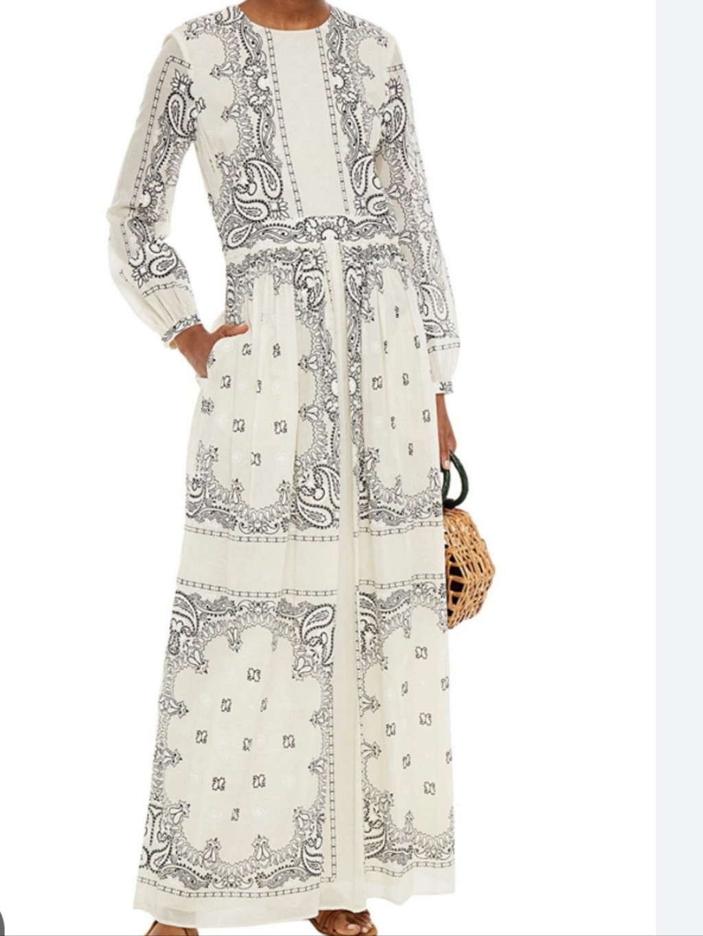 Tory Burch Bohemian Longsleeve Cream, White Black Paisley Maxi Dress Size Us 12